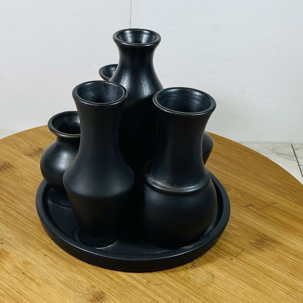 Ceramic 6 Different Sizes Vases In A Tray Black New - Picture 4 of 5